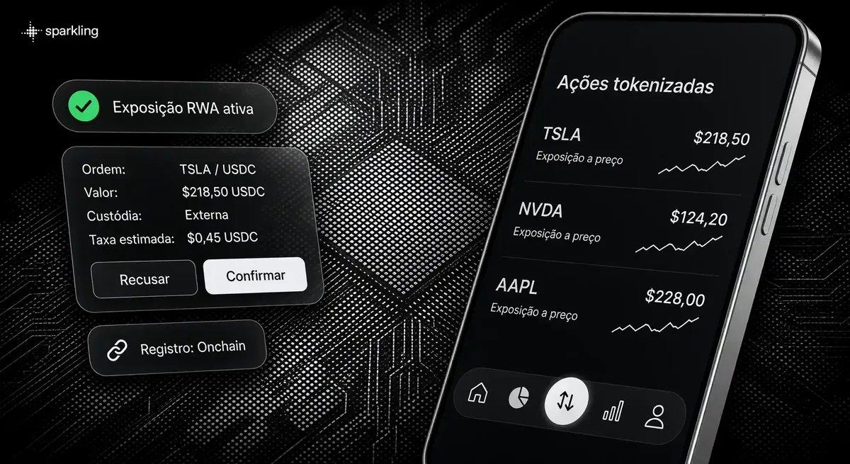 Interface do aplicativo Sparkling em tons de prata exibindo cotações de ações tokenizadas como TSLA e NVDA junto a cards de confirmação.
