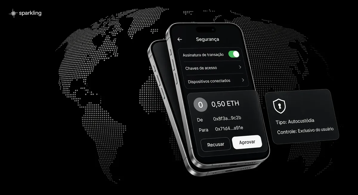 Interface de carteira de criptomoedas com opções de segurança e confirmação de transação sobre fundo em retícula prateada do globo terrestre.