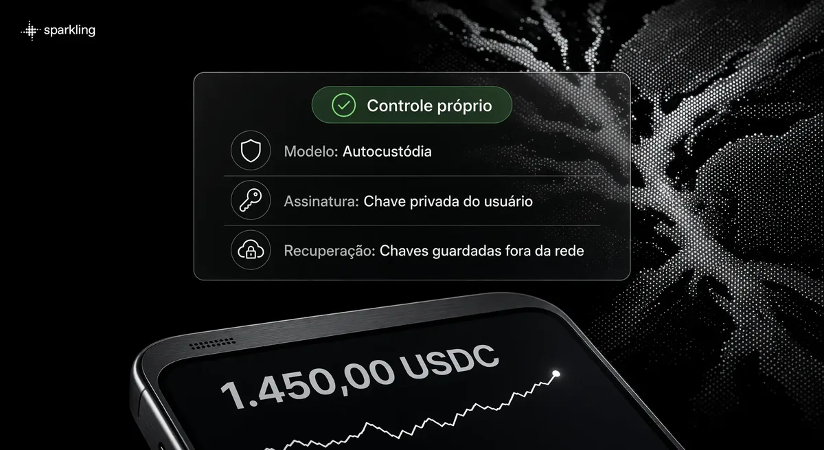 Painel comparativo de autocustódia e chaves de segurança sobre retícula prateada de delta de rio.