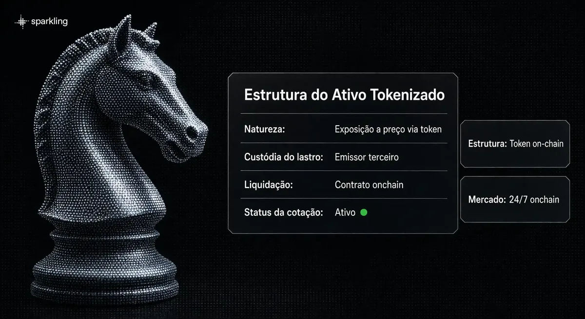 Painel comparativo detalhando o funcionamento de ações tokenizadas, custódia de lastro e termos contratuais sobre fundo halftone prateado de peça de xadrez.