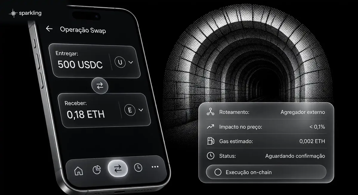 Smartphone exibindo fluxo de swap de criptomoedas ao lado de painel de taxas e rota sobre fundo halftone de túnel em arco.