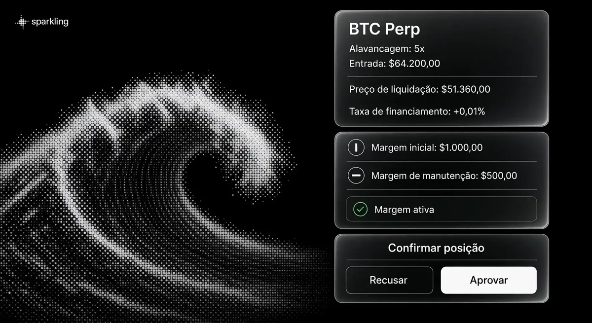 Interface de futuros perpétuos com cartões de posição em BTC e painel de margem sobre fundo de onda marítima em retícula prateada.
