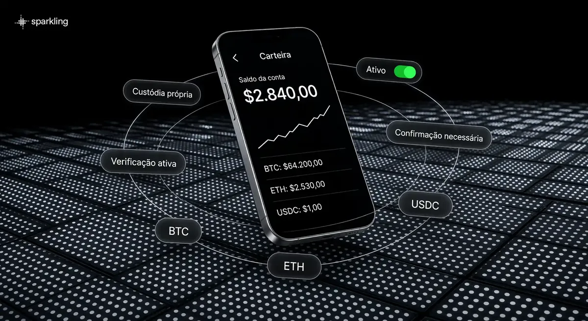 Interface centralizada de aplicativo cripto cercada por fichas em órbita sobre fundo halftone de painéis solares.