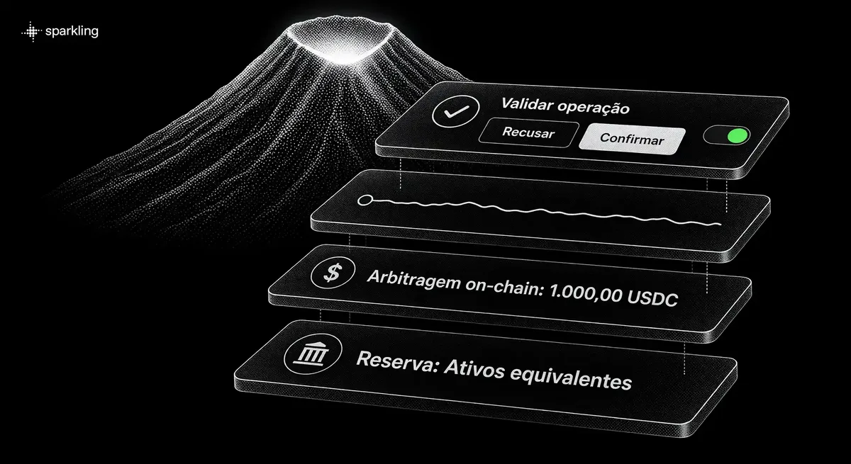 Painéis translúcidos em perspectiva explodida ilustrando o mecanismo de reserva e arbitragem de stablecoins sobre fundo de vulcão em retícula prateada.
