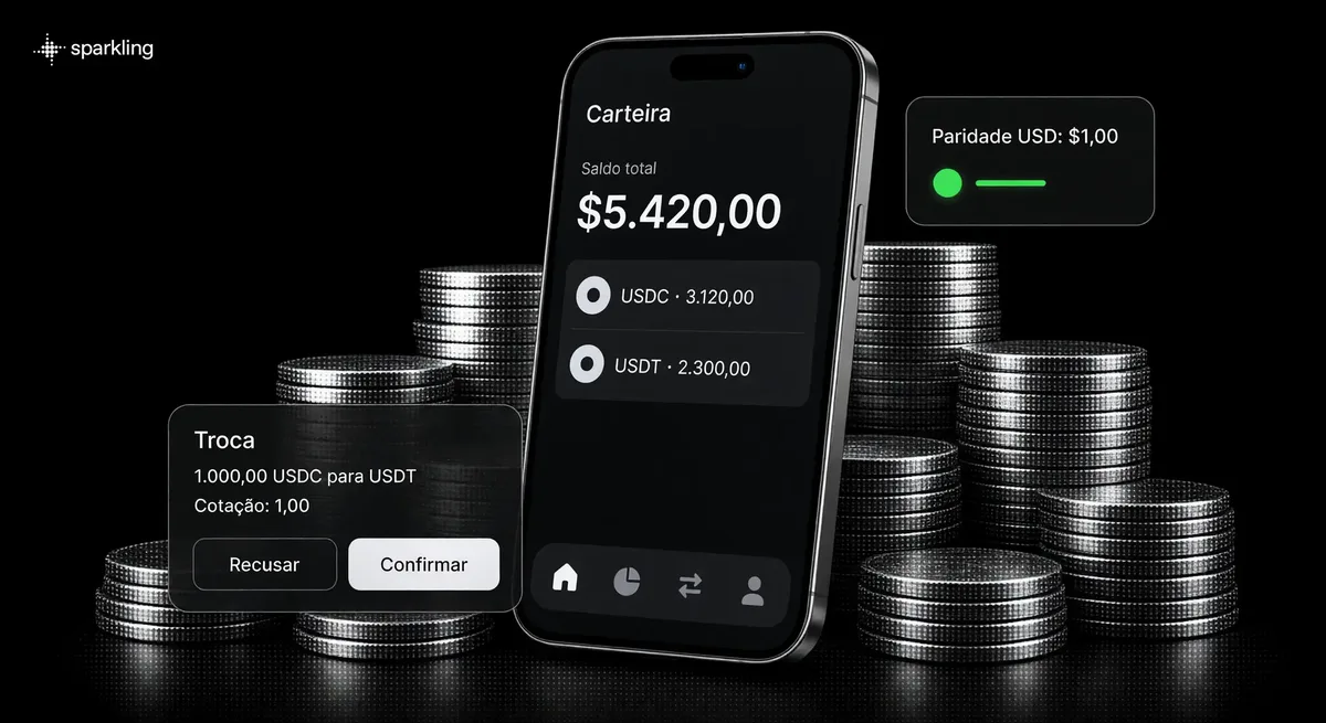Interface de aplicativo financeiro com saldo em stablecoins e cartões de paridade sobreposta a fundo em meio-tom prateado de moedas empilhadas.
