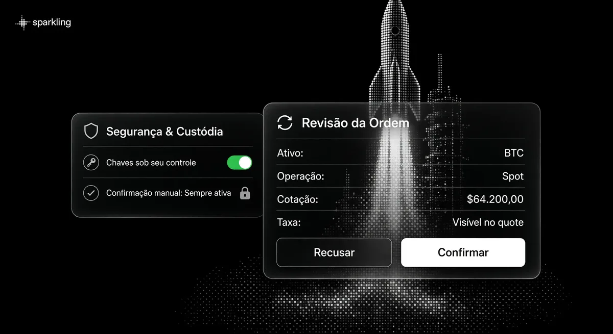 Cartões de interface gráfica sobrepostos detalhando revisão de ordem e custódia segura contra fundo halftone de foguete em lançamento.