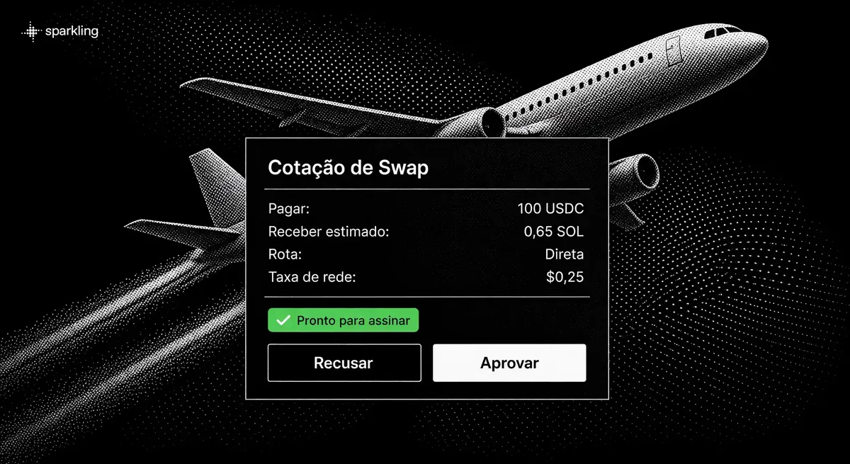 Interface diagonal de confirmação de swap de criptomoedas com detalhes de cotação sobre fundo halftone de jato comercial prateado.